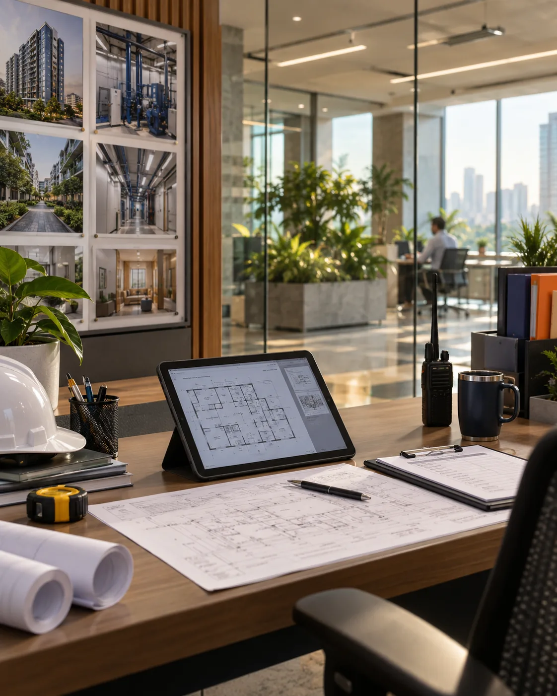 Modern facility operations desk with building plans and maintenance equipment