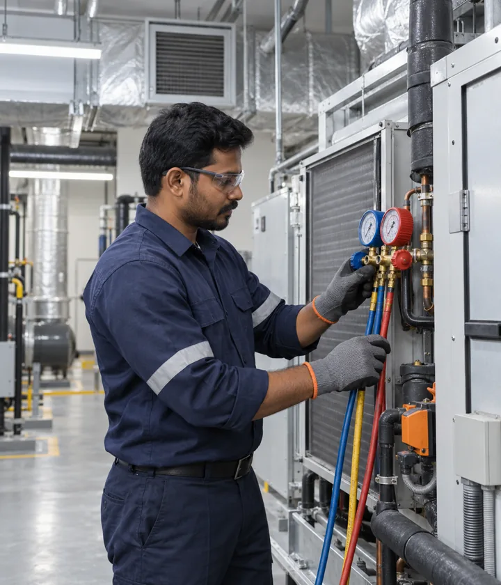 AC technician servicing commercial HVAC equipment