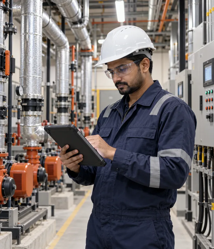 Facilities engineer checking building systems on a tablet