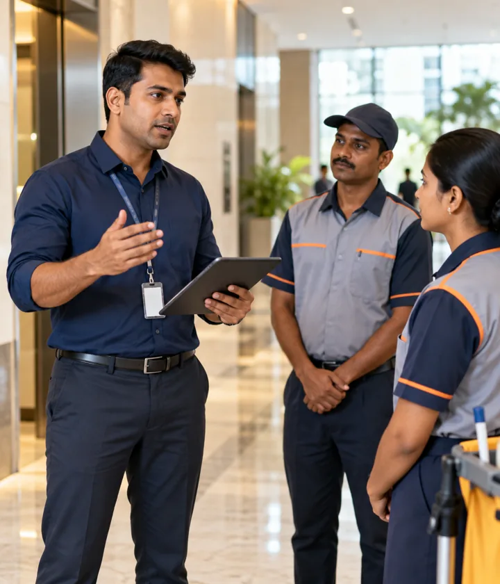Field officer coordinating a facilities team at a client site