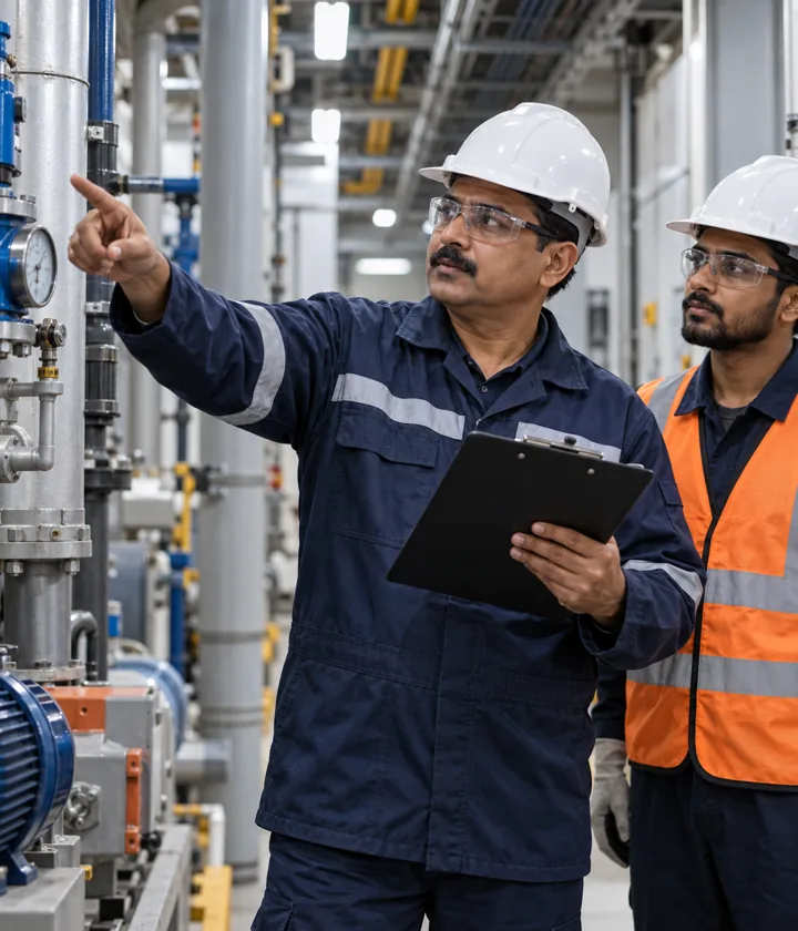 Technical supervisor inspecting building equipment with a technician