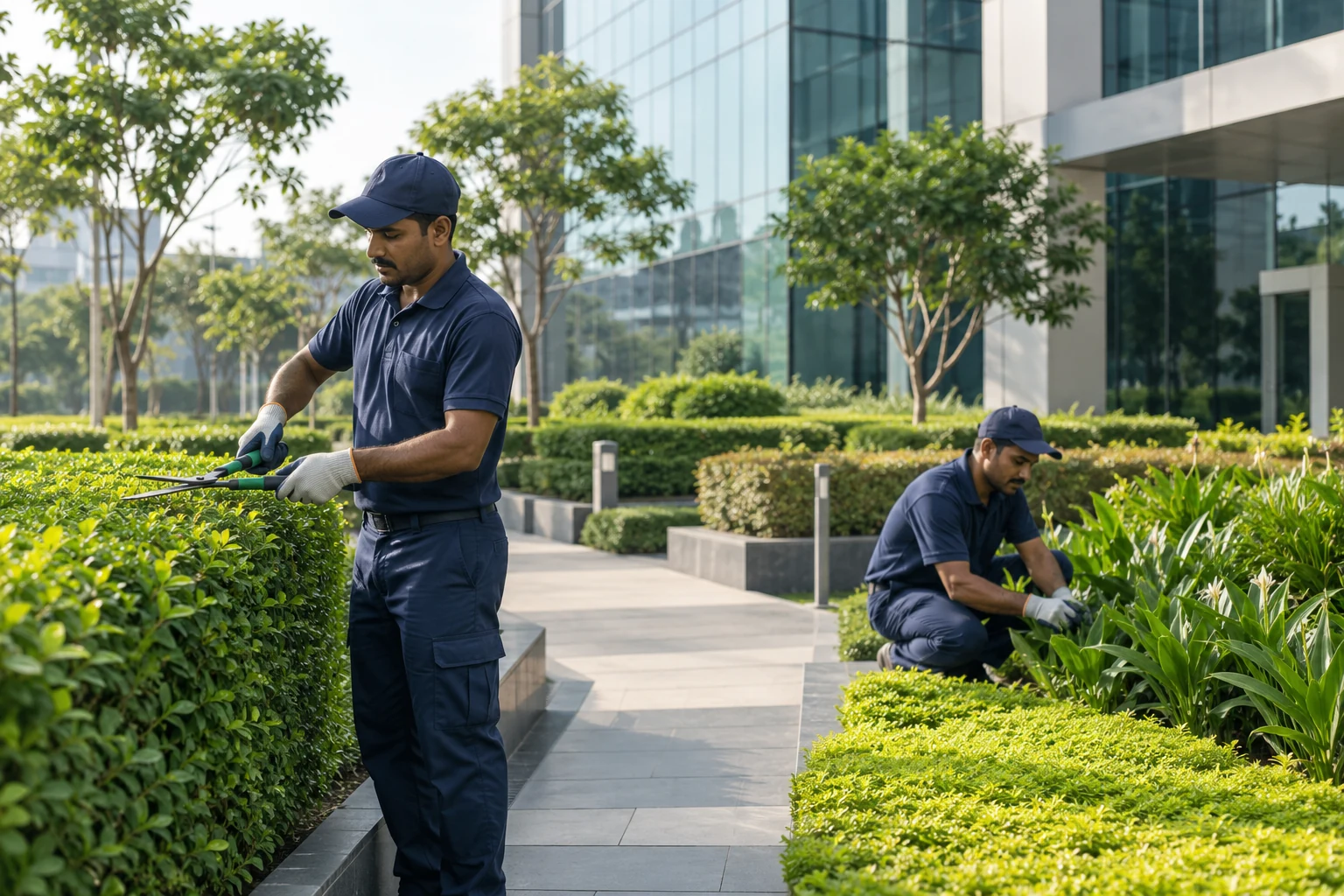 Landscaping team maintaining a commercial office garden