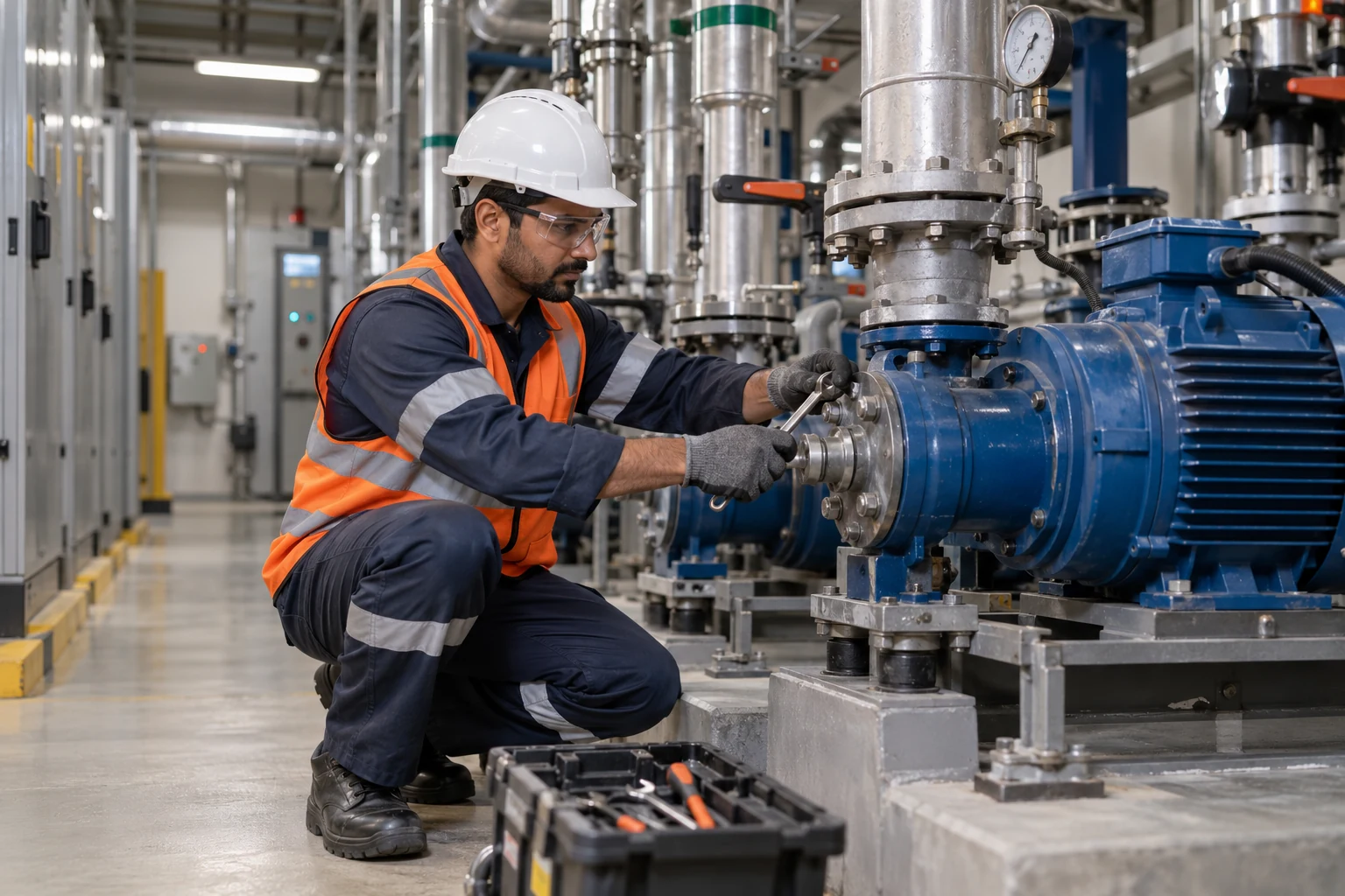 Facility maintenance engineer servicing mechanical equipment