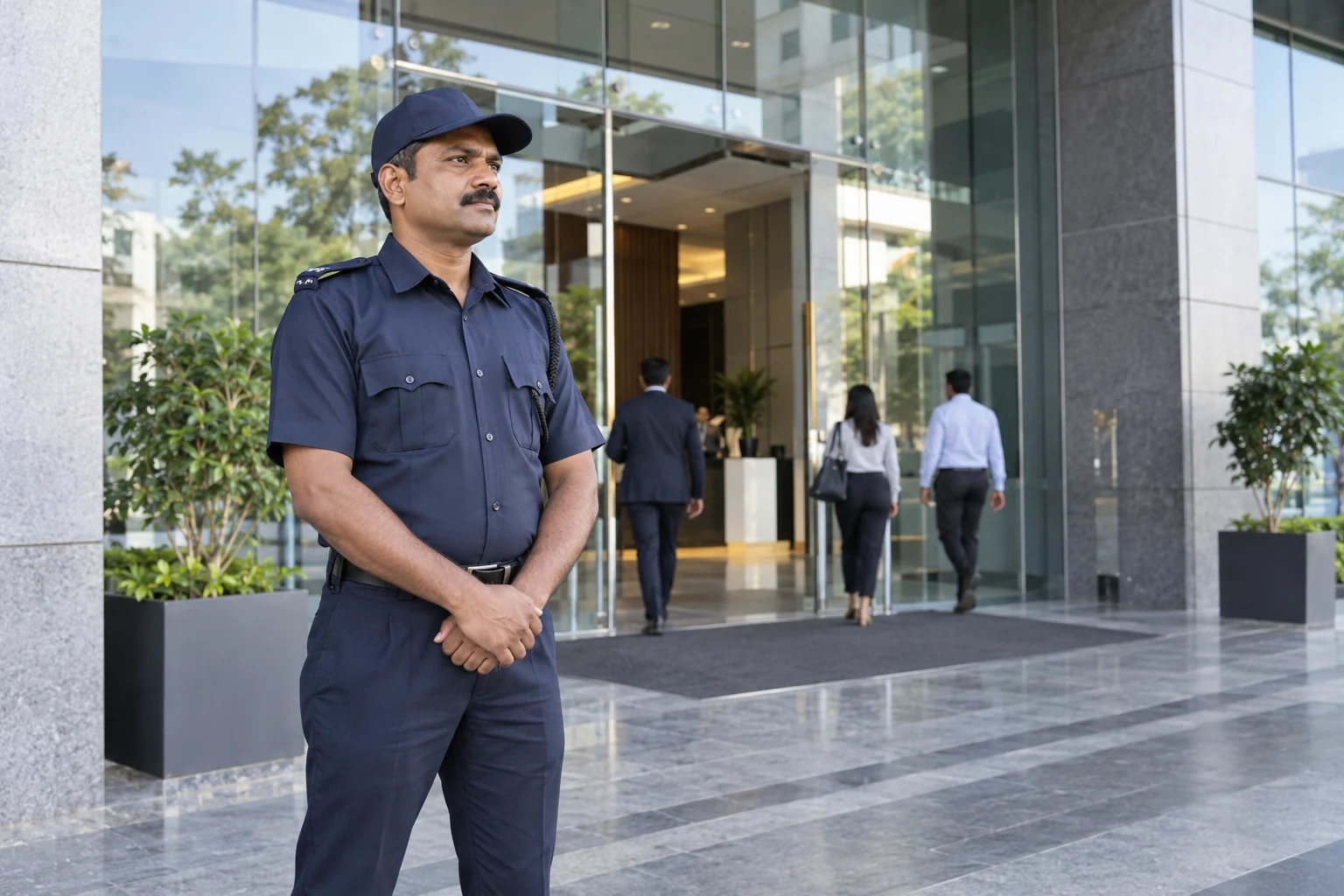 Professional security officer at a modern corporate office entrance