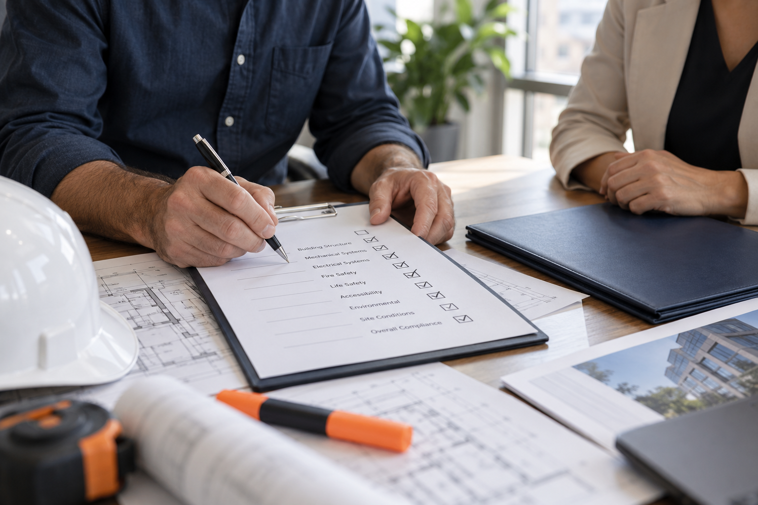 Colleagues reviewing facility inspection documents and a checklist