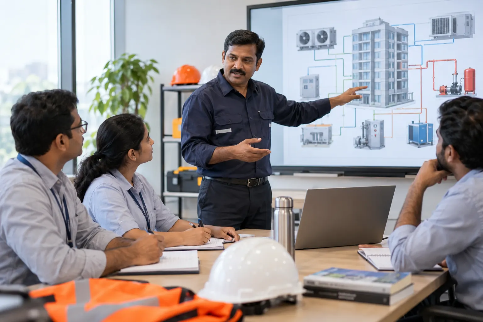 Facility management team learning with a trainer