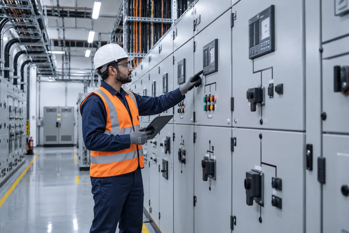 Electrical engineer inspecting commercial switchgear
