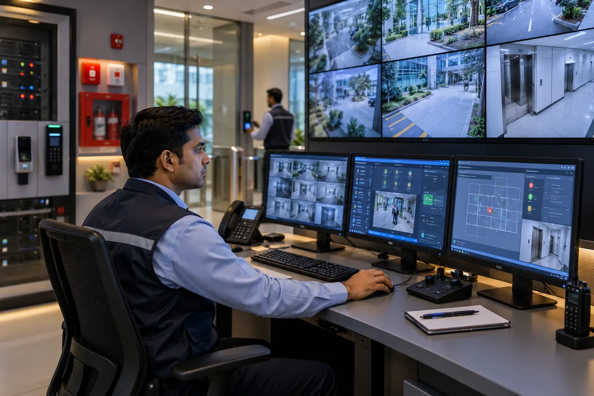 Security control room monitoring a commercial facility